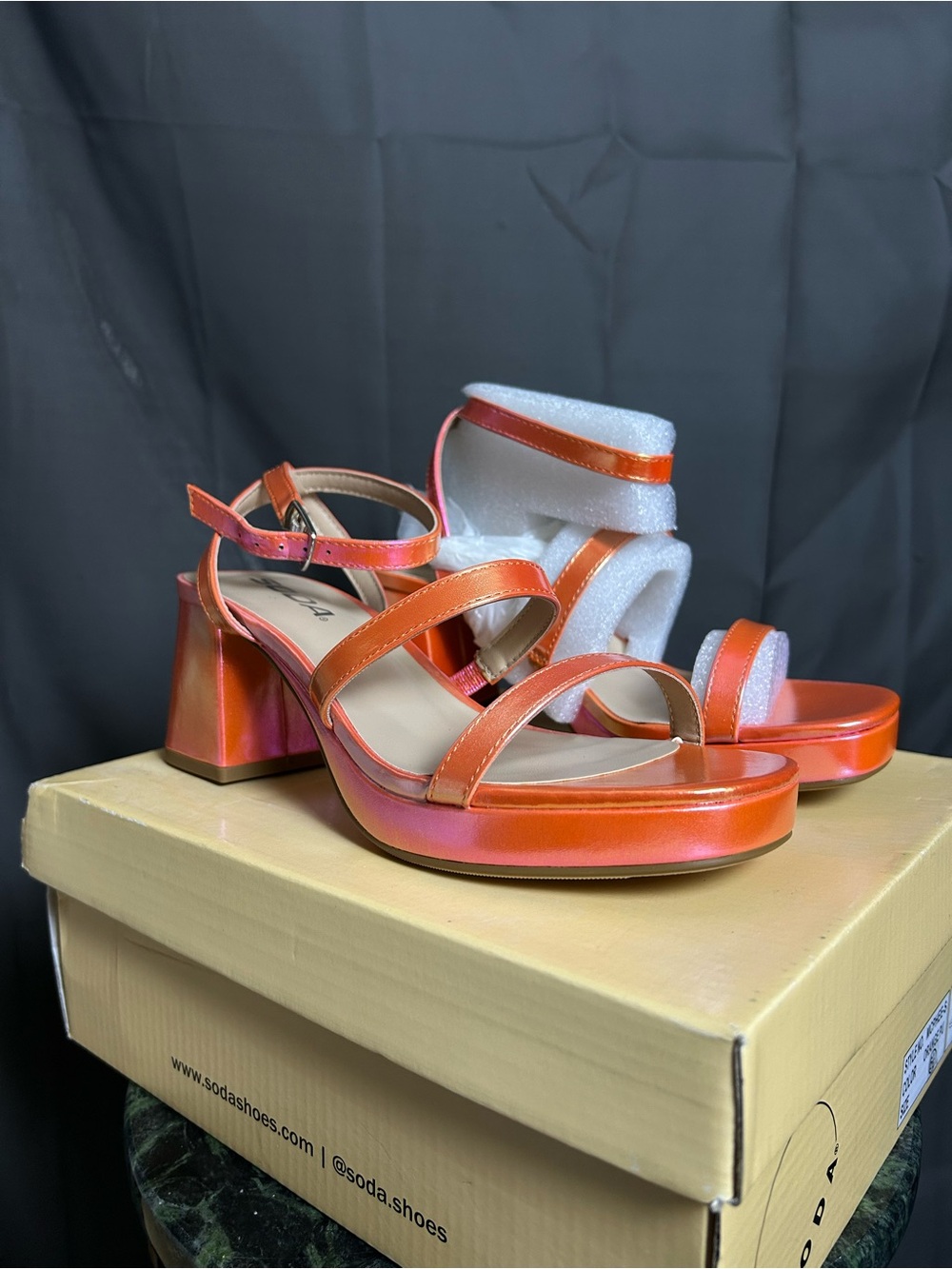 Orange Iridescent Block Heel Sandals